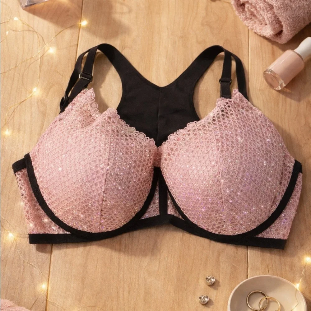 Victoria's Secret Pink Sparkle Lace plunge Push-Up Bra with Black Trim 34DD